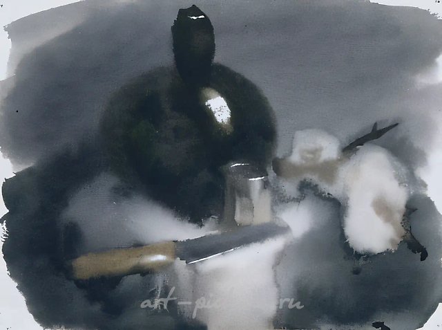 Натюрморт с черной бутылкой, 1996, бумага, акварель, 18 х 24
