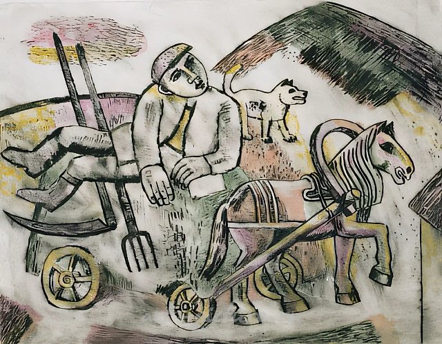 Возвращение с сенокоса, 1990, монотипия, сухая игла, 49х64