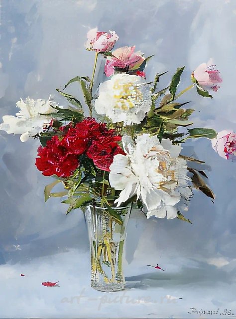 Пионы в хрустальной вазе., 1996, холст, масло, 80х60