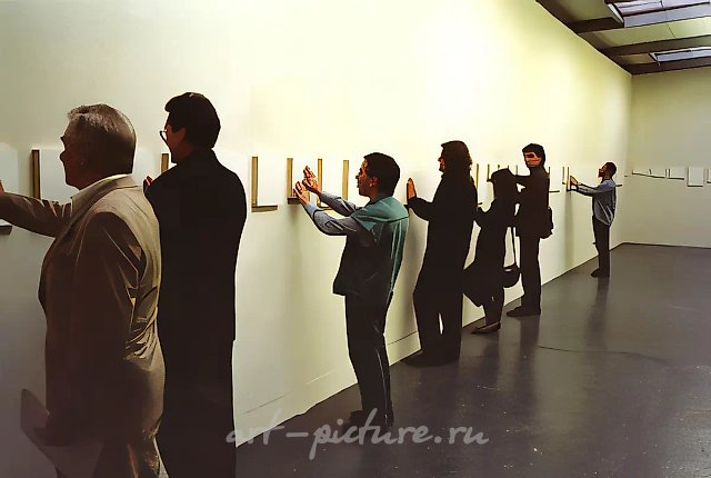 Self-portrait with Closed Eyes, 1995, paper, relief printing, wood, viewers. Fragment of exhibition-installation