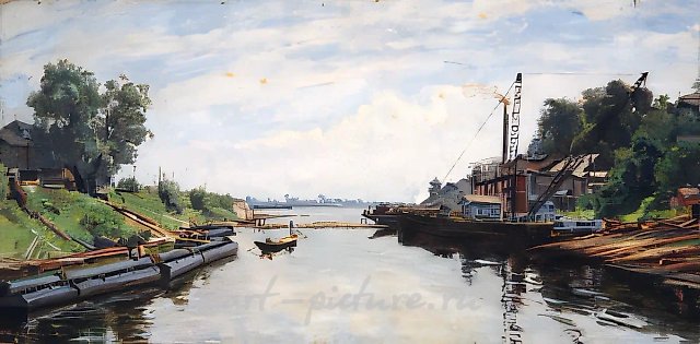 Morning in the Backwater, 1952, cardboard, oil, 40x79