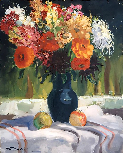 Цветы и яблоки., 1951, холст, масло, 56 х 45