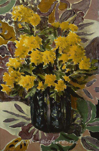 黄色菊花在蓝色高脚杯中，1998年，布面油画，40×30