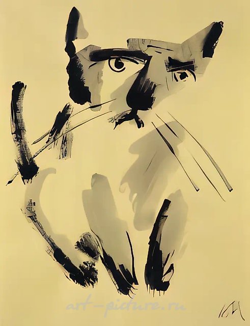 Кошка на жёлтом фоне, 2000, бумага, акварель, 68x53