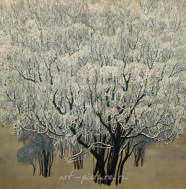 Куст сирени. Иней, 1998, масло на холсте, 100x100
