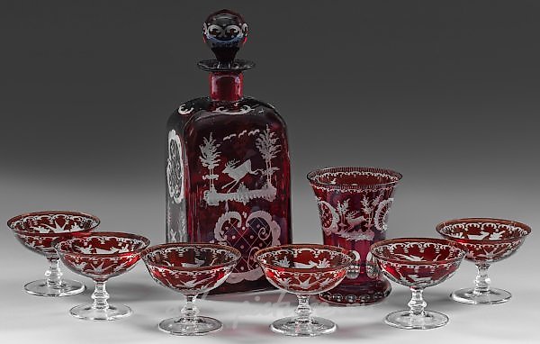 Liqueur service and beaker with hunting decor