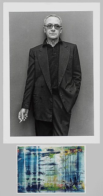 Герхард Рихтер и Дитер Шведтле. Черно-белая фотография с портретом Рихтера (1992 год) и открытка с подписью Рихтера