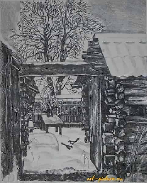Magpies on the Snow. Engraving. 50 x 40 cm.
