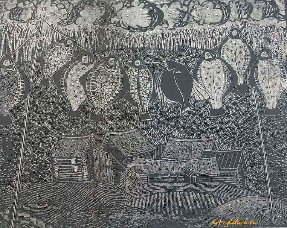 Flounder. Engraving. 36 x 45 cm.