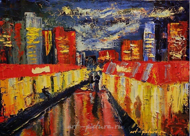 夜晚城市的灯光 油画，画布