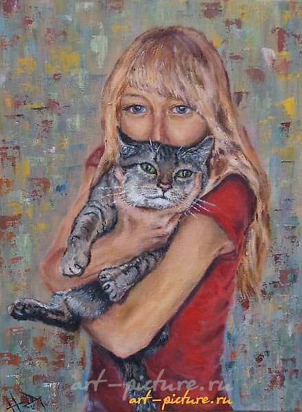 девушка с котом масло, холст 