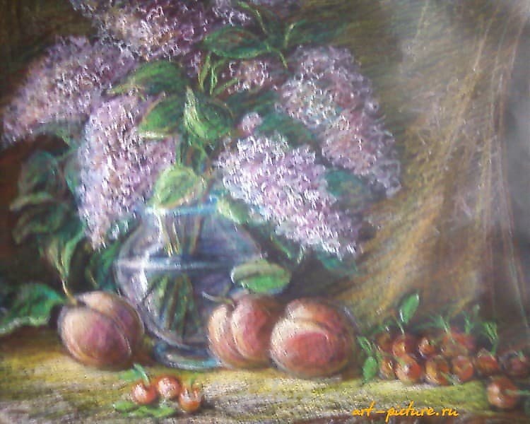 Сирень и фрукты Бумага,пастель 