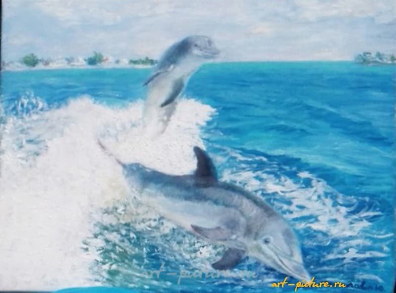 海岸附近的克里米亚的海豚，油画，布面