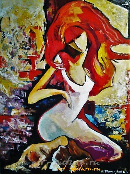 The text translates to "Lady with a Dog, oil on canvas."