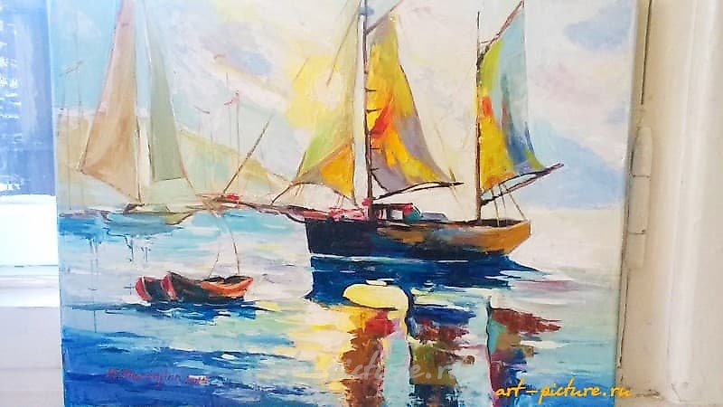 The translation of the text "Море, море масло, холст" into English is "Sea, sea oil, canvas."