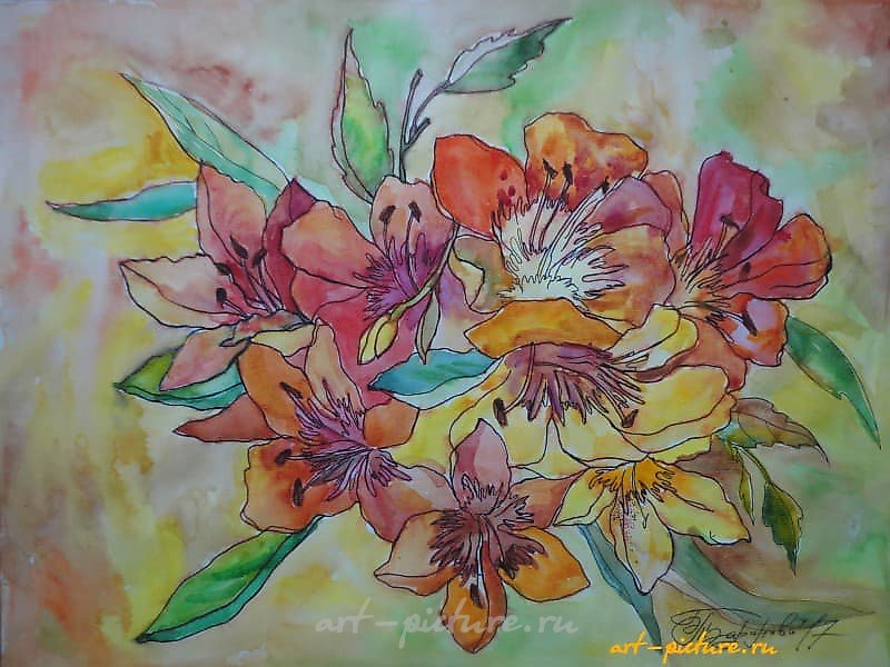 Gold Lilies watercolor, liner, paper