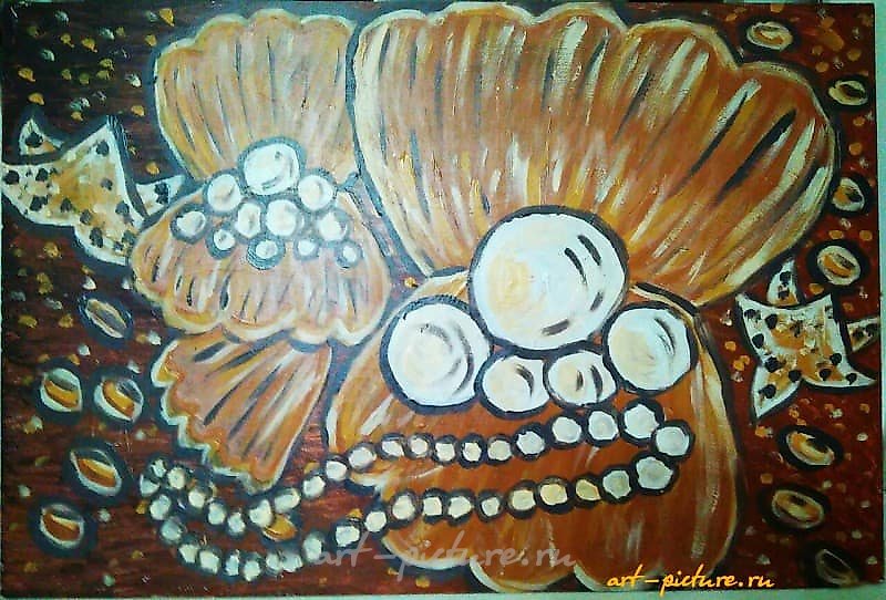 "Shells with pearls oil on chipboard"