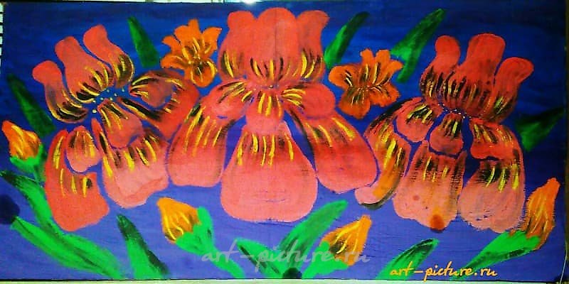 Scarlet irises on a blue background - artist's gouache on cardboard.