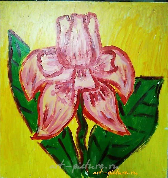 "Pink iris on a yellow background; -acrylic on hardboard-"