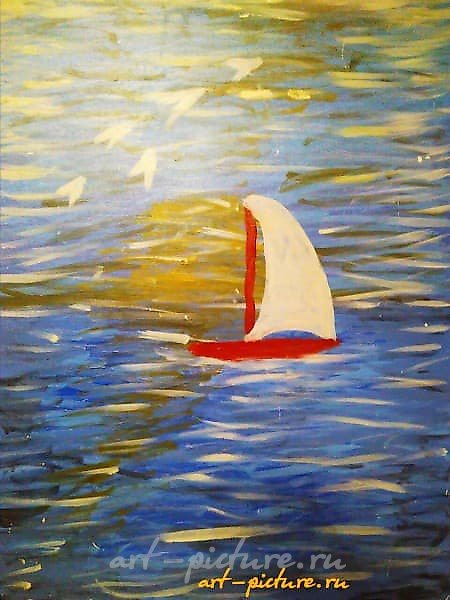 The translation of the text is: "Little boat in the sea - acrylic on fiberboard."
