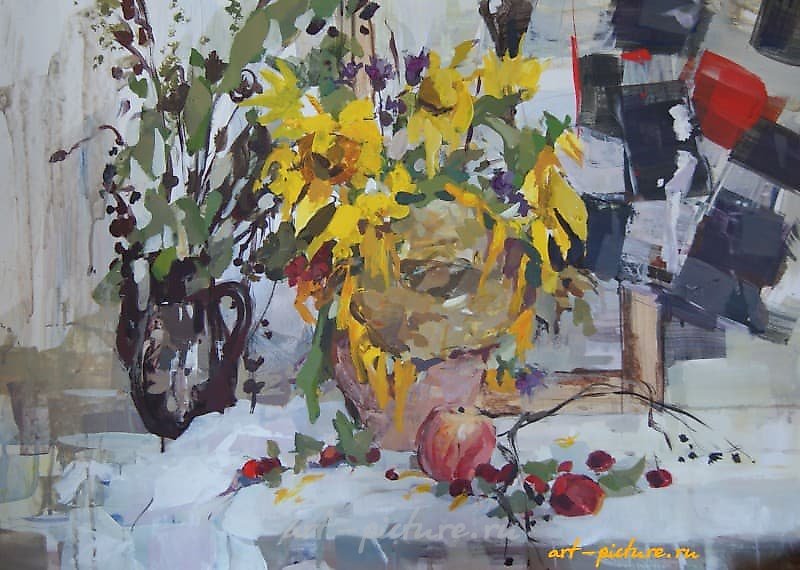 "Still Life with Sunflower" acrylic, paper
