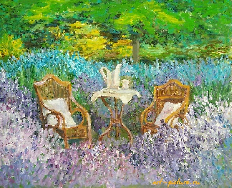 The translation of the text is: "Rest in the Summer Garden, Canvas, Acrylic."