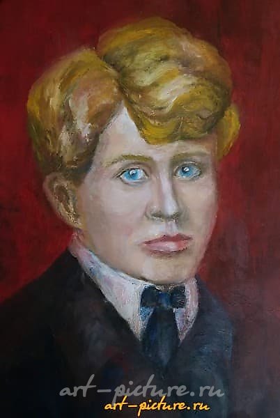 The translation of the text "Портрет масло, холст" into English is "Portrait oil, canvas."