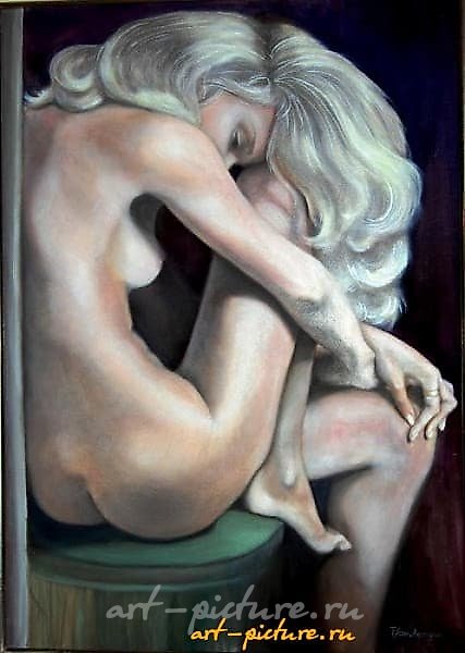 The translation of "Грусть масло, холст" into English is "Sadness oil, canvas."