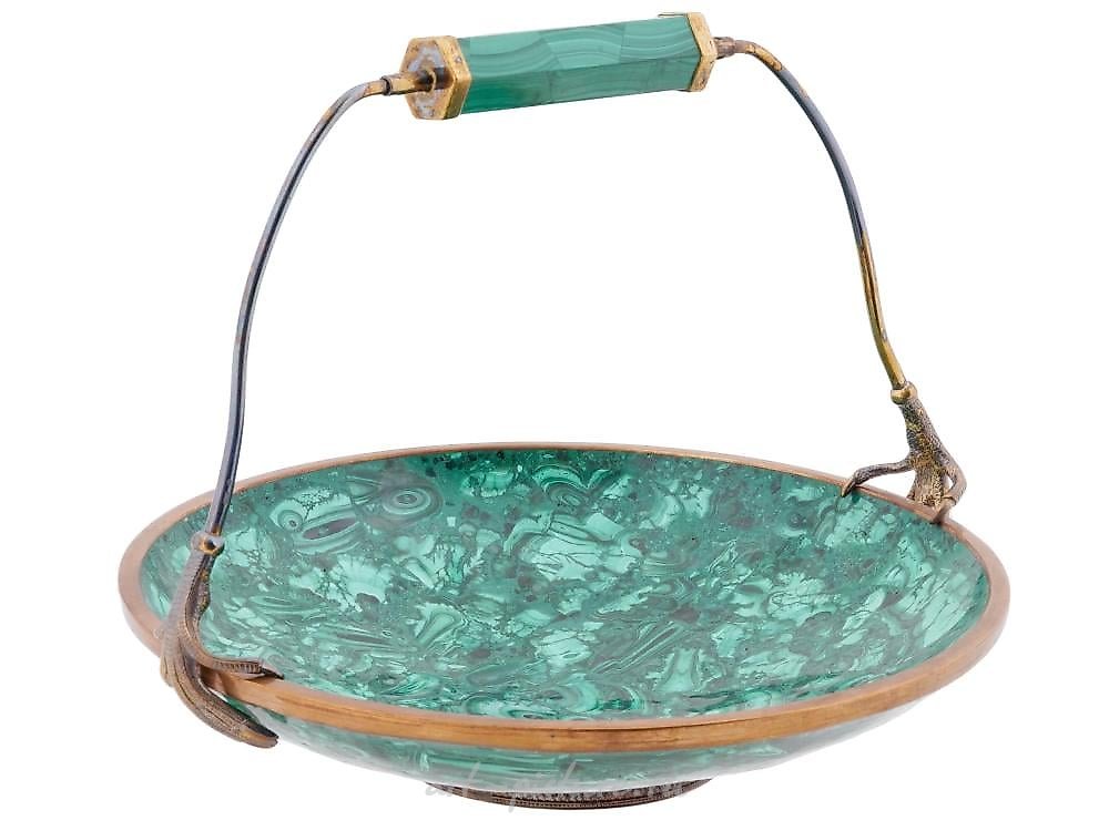 RUSSIAN FIGURAL GILT SILVER CARVED MALACHITE BOWL