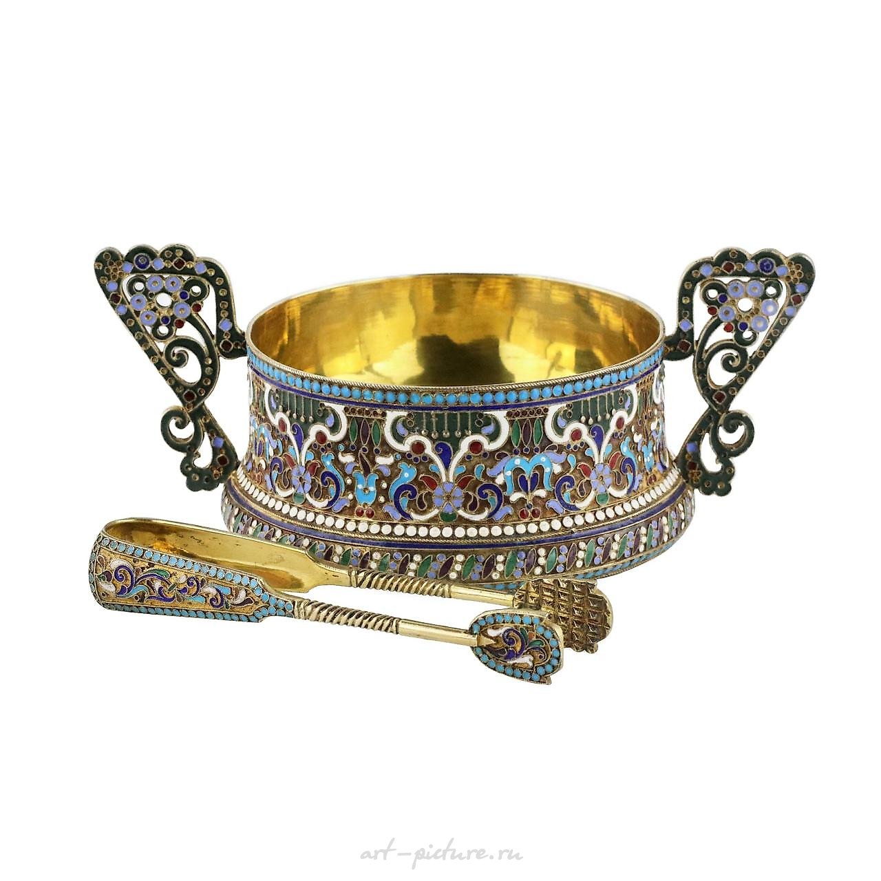 Серебряная русская сахарница с щипцами