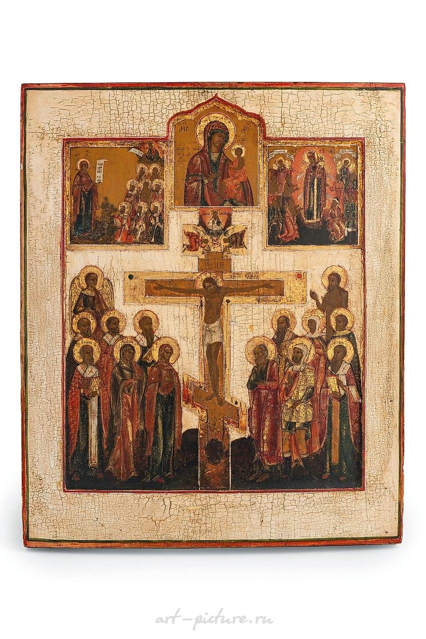 ICON DEPICTING THE CRUCIFIXION WITH SAINTS AND IMAGES OF...