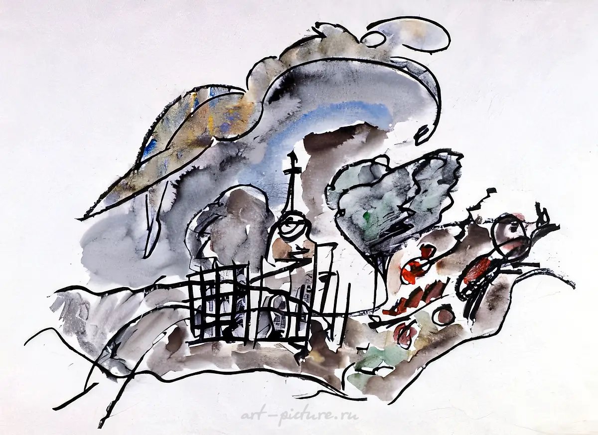 Подвыпившая деревня, 1960, бумага, акварель, соус, 42x65
