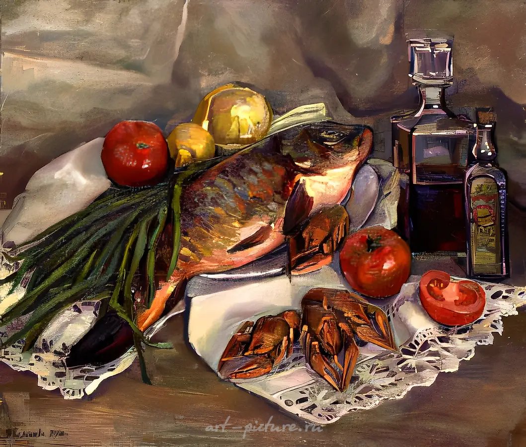 Натюрморт с рыбой и раками., 1998, холст, масло, 50х60, $400, Собственность автора