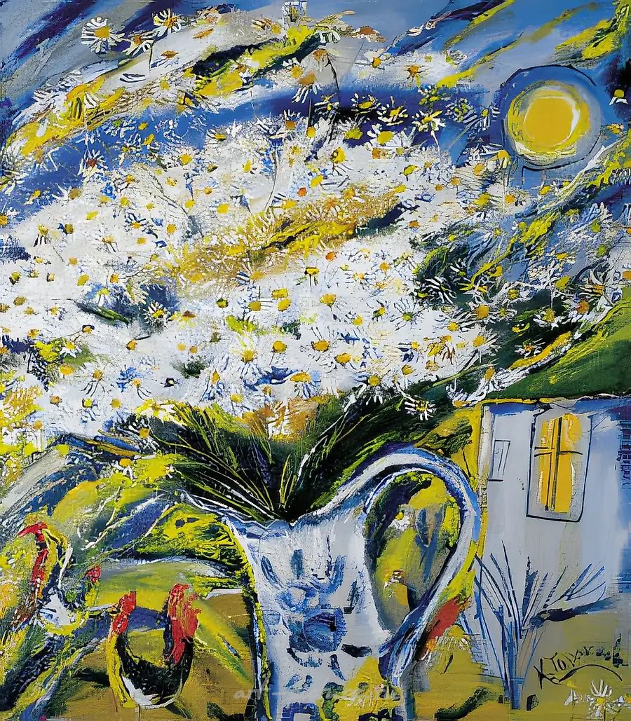 Голубой дом и ромашки., 1999, холст, масло, 80х70
