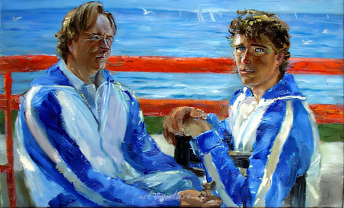 Вооремаа отец и сын, яхтсмены, чемпионы мира и Европы, 1982, картон, масло, 50x85. Собственность автора