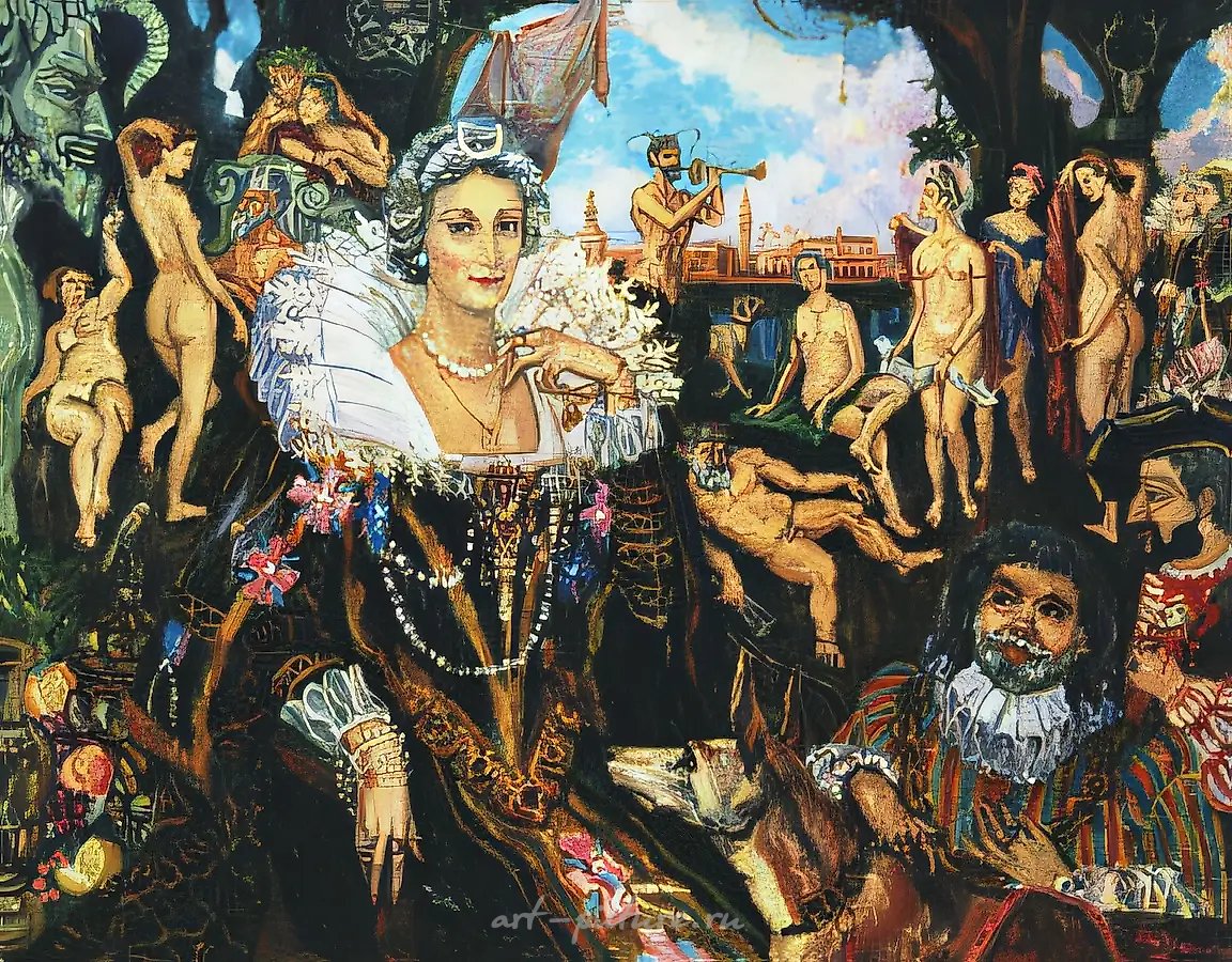 Д.Небогатов. Дама с карликами, 1994, холст, масло, 80х100, $930