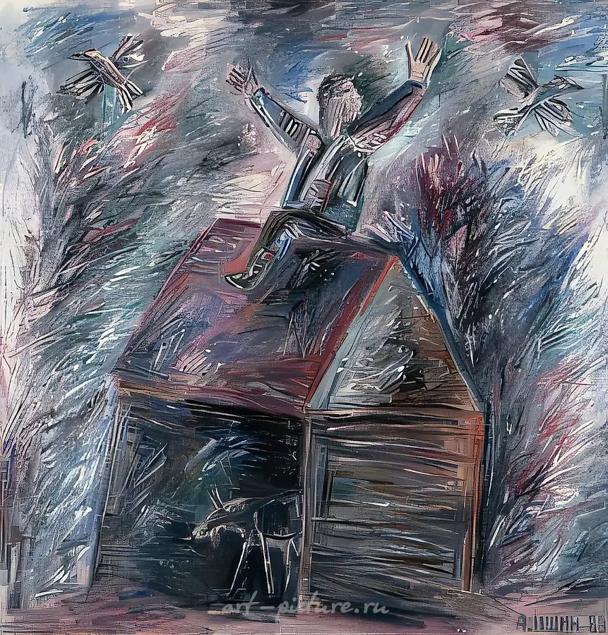 Спугивая птиц, 1989, холст, масло, 144х144. Собственность автора