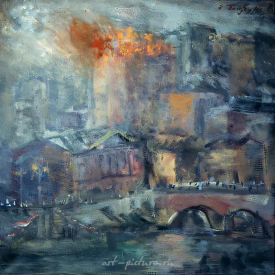 Город, 1991, холст, масло, 100х100. Частная коллекция. Милан. Италия