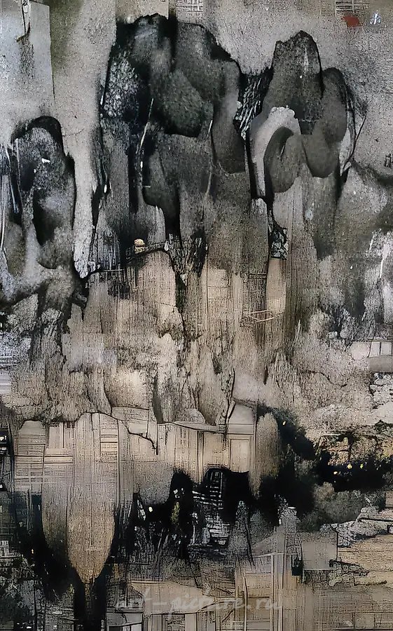 Китайский пейзаж в черных тонах, 1989, Холст, масло, коллаж, акрил, 140х95 см Частное собрание, Гонконг