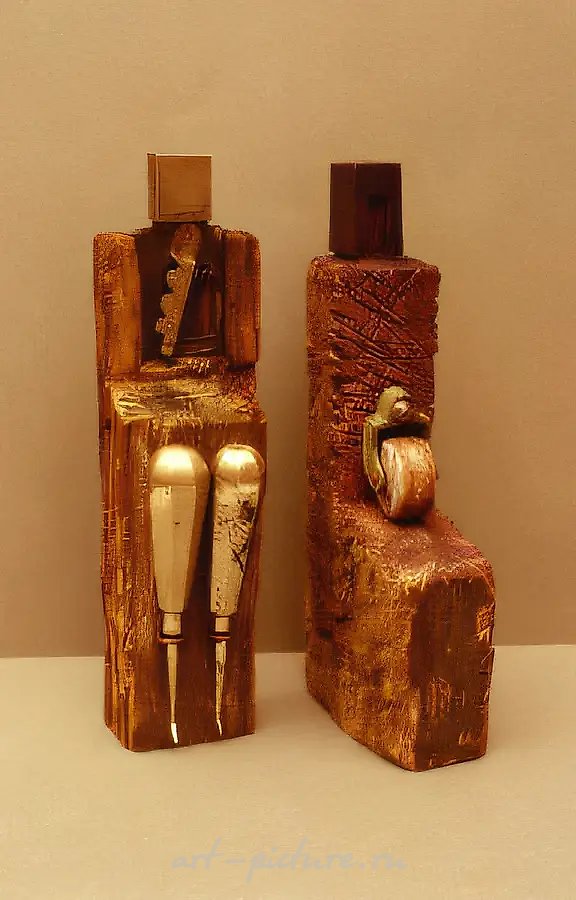 №10, №12. Из серии «Инкубы», 1995, дерево, металл, фарфор, краска, 28x5,5x12 см; 28x8,5x8 см. Собственность автора