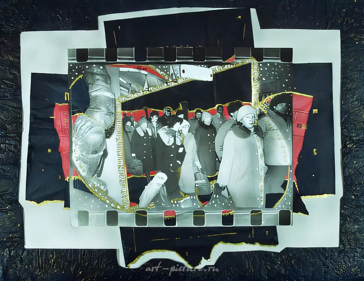 Залы музея Метрополитен Черкашина, 1992, Ч/Б фото, коллаж, газеты, бронзовая краска, акварель, чернила, 80х100 см Собственность авторов