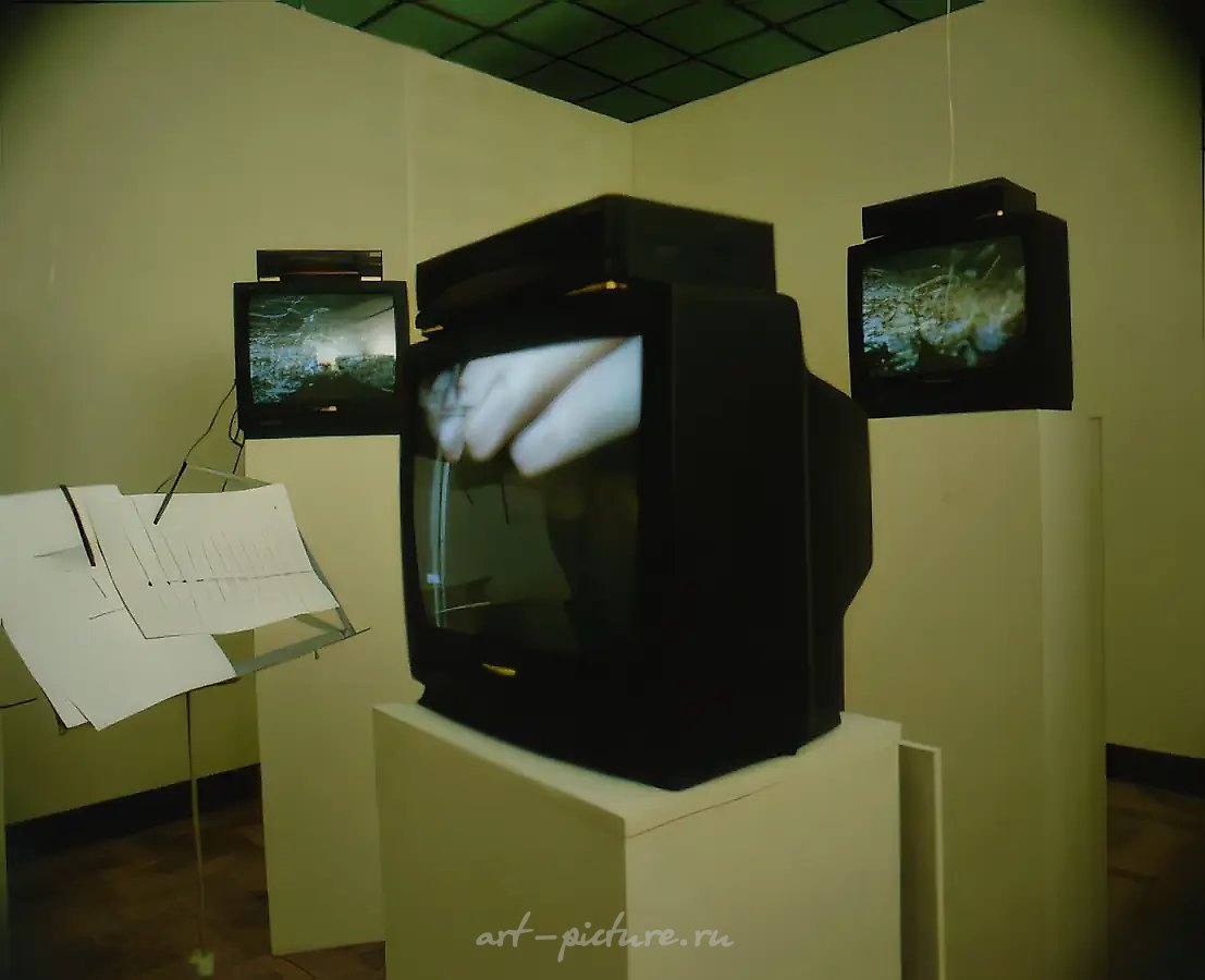 Animation (ism) or Doctor’s Case., 1994, Видеоинсталляция,   Собственность автора.Видеоинсталляция на ежегодной выставке Центра современного искусства Сороса-Москва "NewMedia Topia", Центральный Дом художника, Москва
