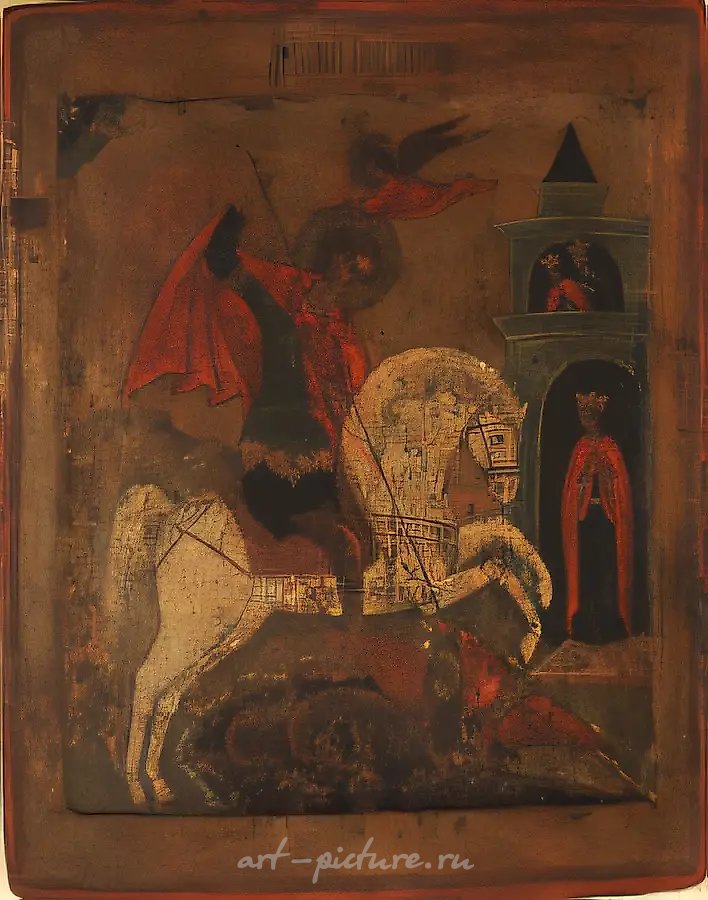 Образ "Чудо Св.Георгия Победоносца о змие" (после реставрации), , XVII век, доска, левпас, яичная темпера, аналойная Частная коллекция