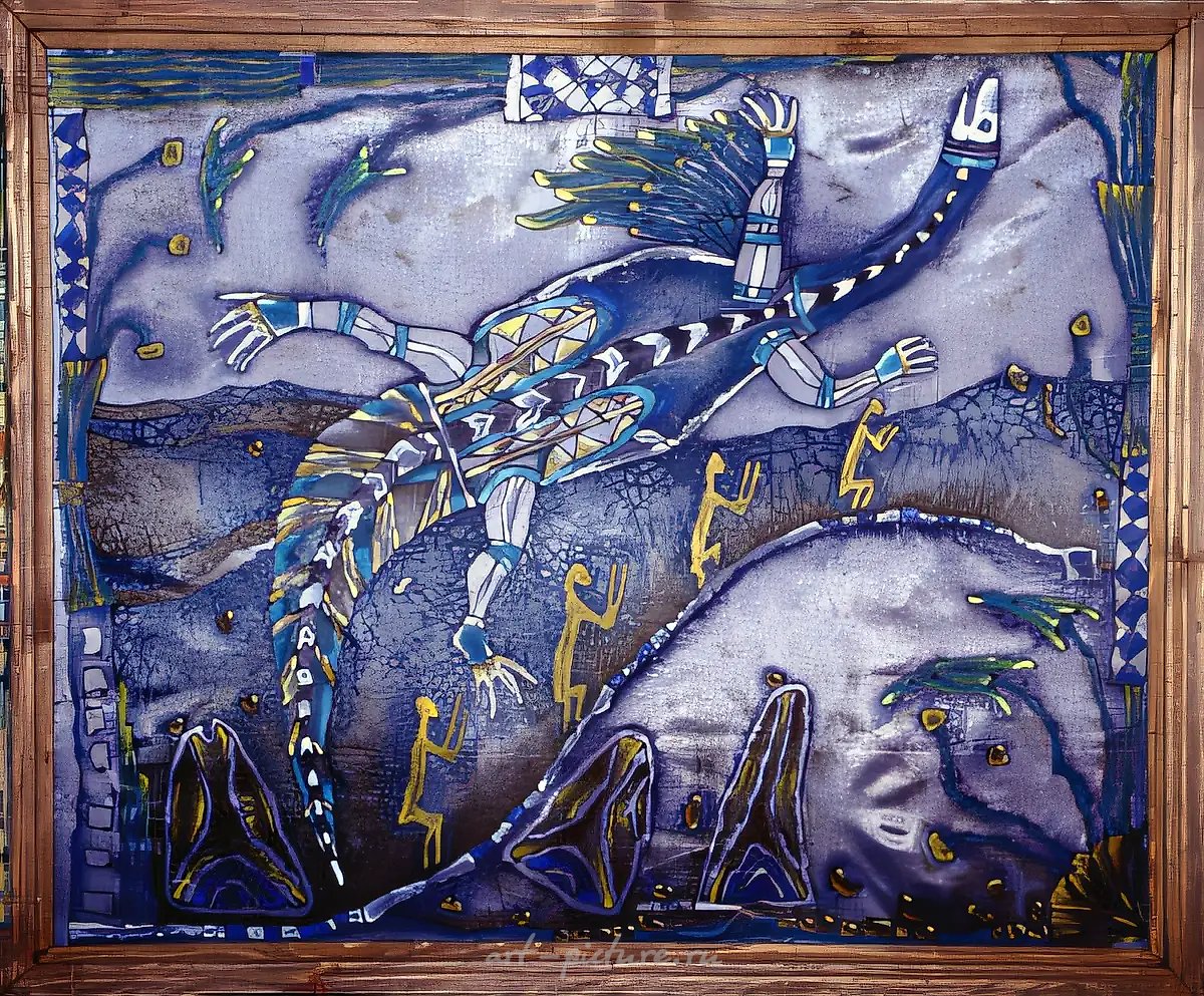Петроглифы, 1995, роспись, шёлк, 90x70. Собственность автора, $400