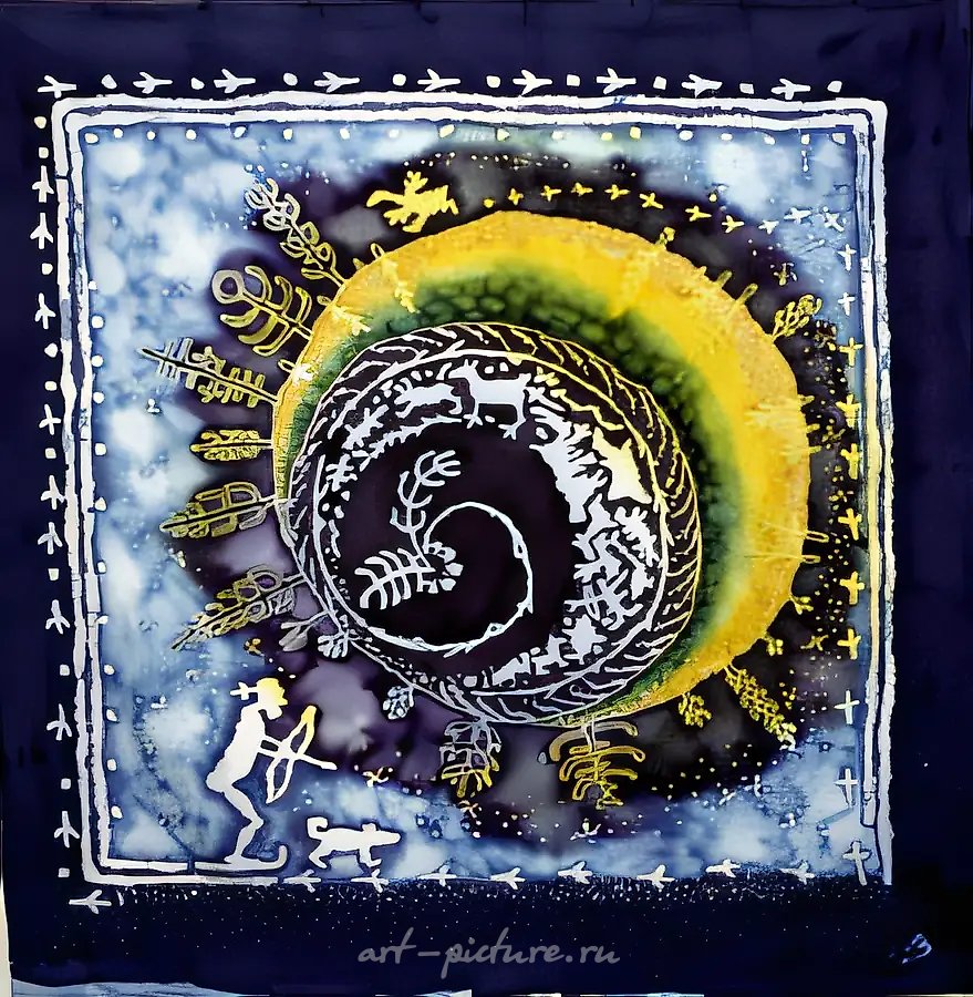 Охота на глухаря, 1996, батик, шёлк, 85x86. Собственность автора, $450