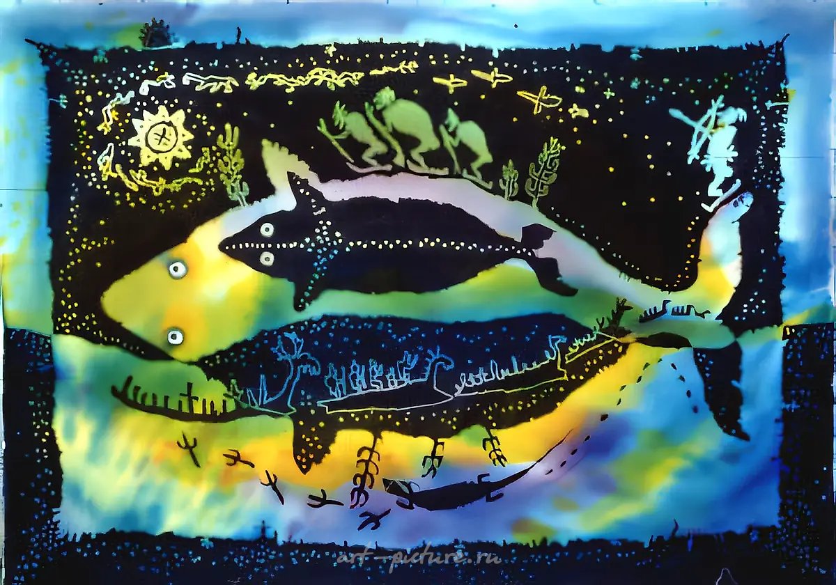 Песня большой рыбы, 1995, батик, хлопок, 70x90. Собственность автора, $400
