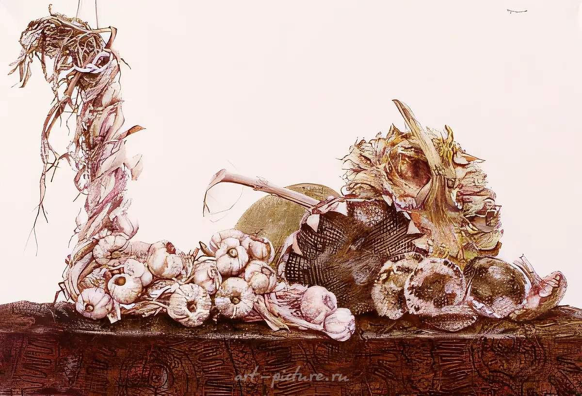 Натюрморт с чесноком, 1995, бумага, акварель, шариковая ручка, 60x90. Собственность автора, $1500