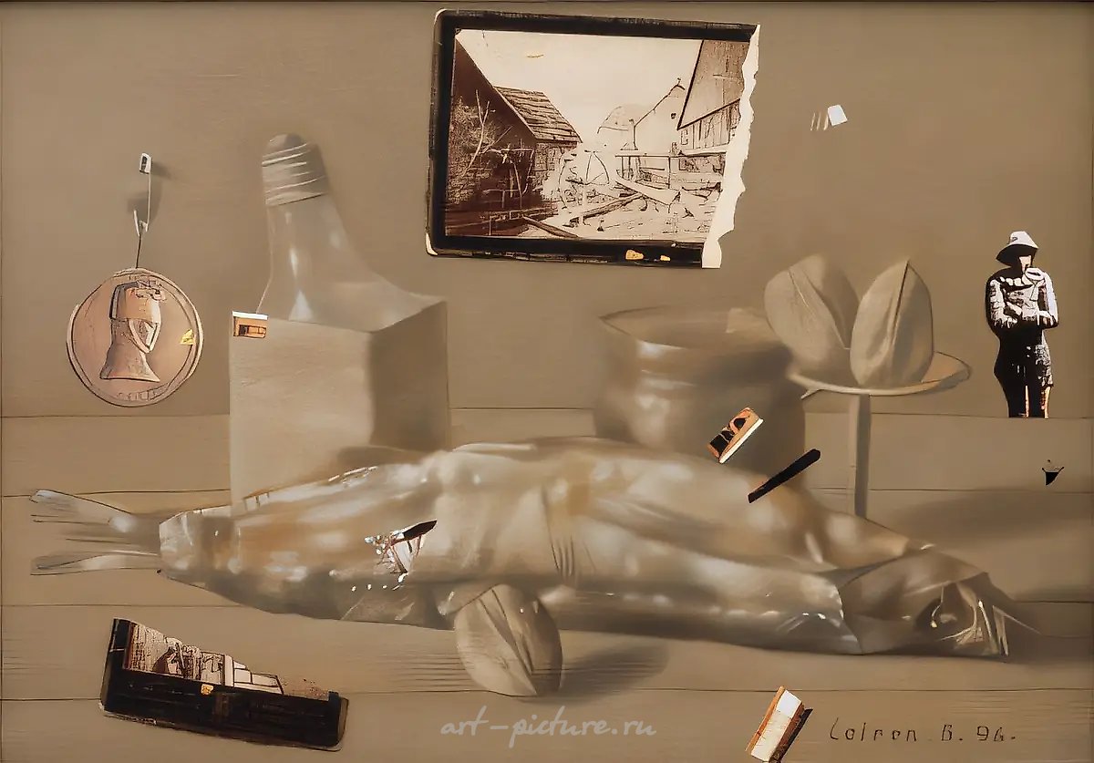 Натюрморт N 2, 1996, холст, масло, коллаж, 35.5 х 50.5
