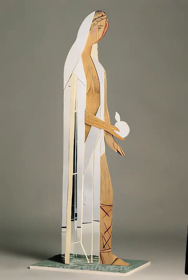 Суд Париса (фрагмент)., 1996, дерево, левкас, зеркало, роспись, 150х50х50