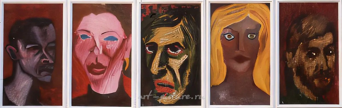 Лица., 1977, картон, масло, 40 x 150